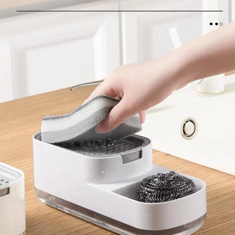 2 in 1 Soap Dispenser And Sponge Caddy For Kitchen Sink Countertop Manual Press Liquid Soap Dispenser Sponge