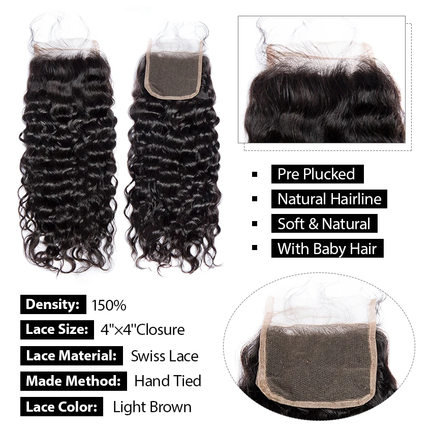 Lemoda 9-14A Grade Raw India Cuticle Aligned Virgin Mink Brazilian Remy Hair Weave Water Wave Human Hair Bundles With Closure