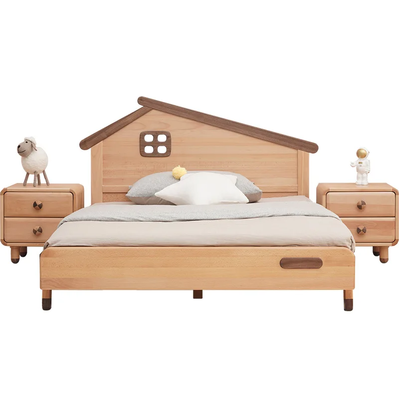Nordic Children Bedroom Furniture Set Beech Wood House Shaped Headboard Kids Bed