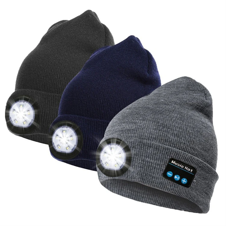 New Style Rechargeable Winter Warm Knit Lighted Cuffed Headlight Headlamp Sports Wireless Headphone Music Blue Tooth Beanie Hat