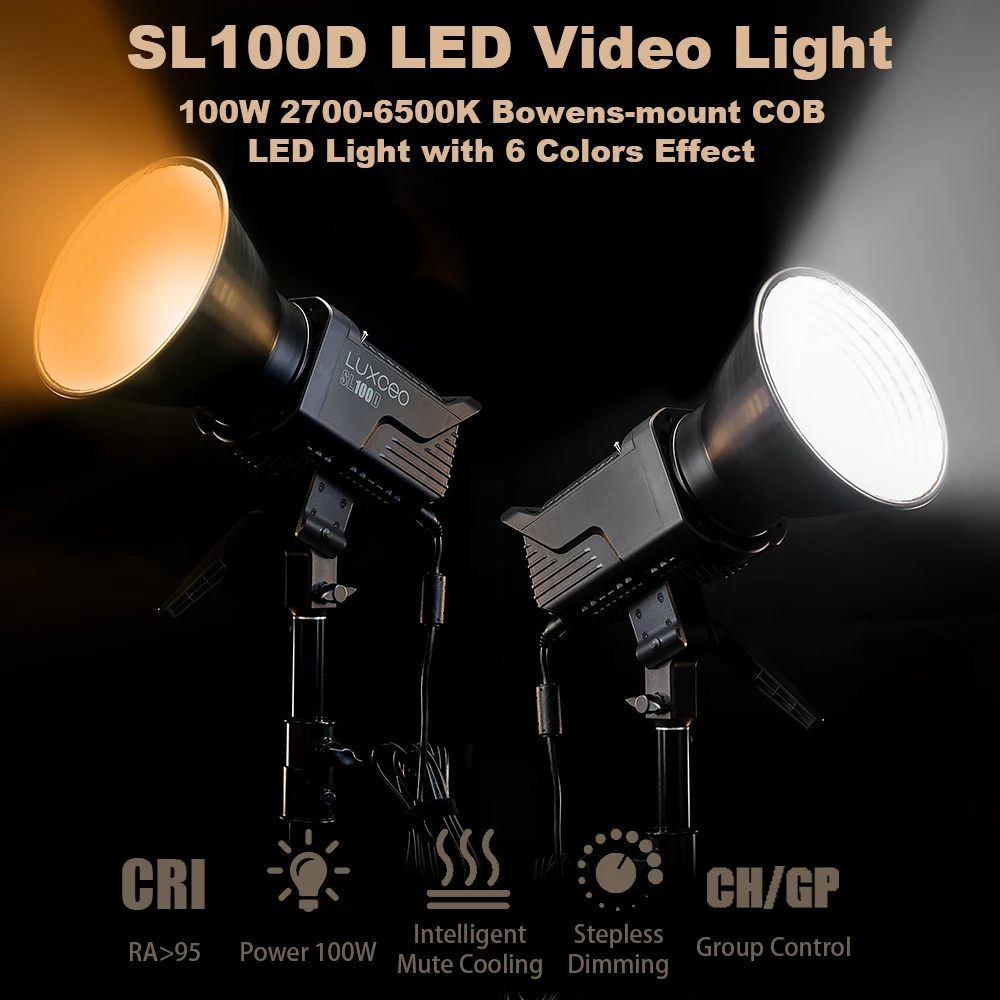 LUXCEO SL100D 100W 37000 Lux Meter 6500K Studio Photographic Lighting LED Camera Video Light Spotlight Photography Equipment
