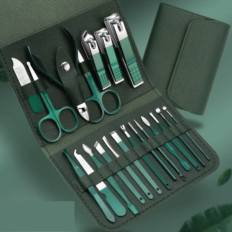 New 20 Pcs Portable Luxury Manicure Sets Pedicure Kits Bright Green Nail Clipper Set Personal Care Tools