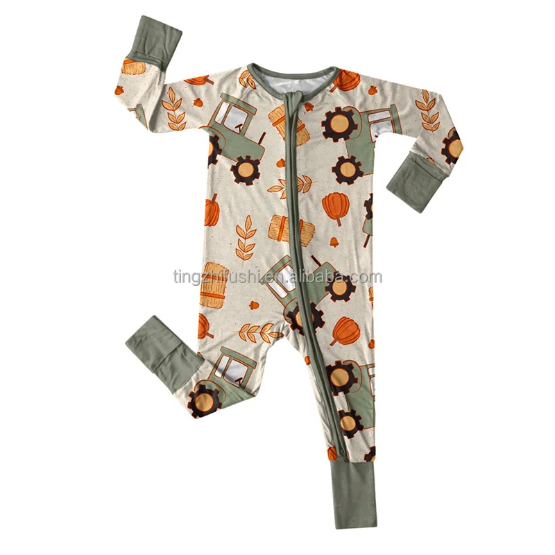 Custom Print Newborn Bamboo Double Zipper Pajamas Infant Western Cowboy Cartoon Clothes Baby Bamboo Sleeper Zippy Romper