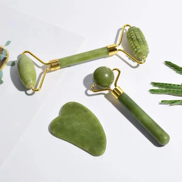 3 in 1 box natural Face Jade roller massage Jade roller massager jade stone gua sha face set