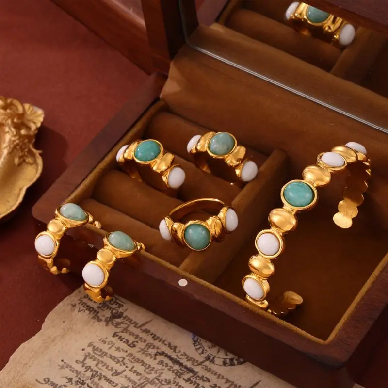 Gold Plated Stainless Steel C Shape Oval Azurite White Jade Natural Stone Cuff Bangles Bracelets Stud Earrings Ring Jewelry Set