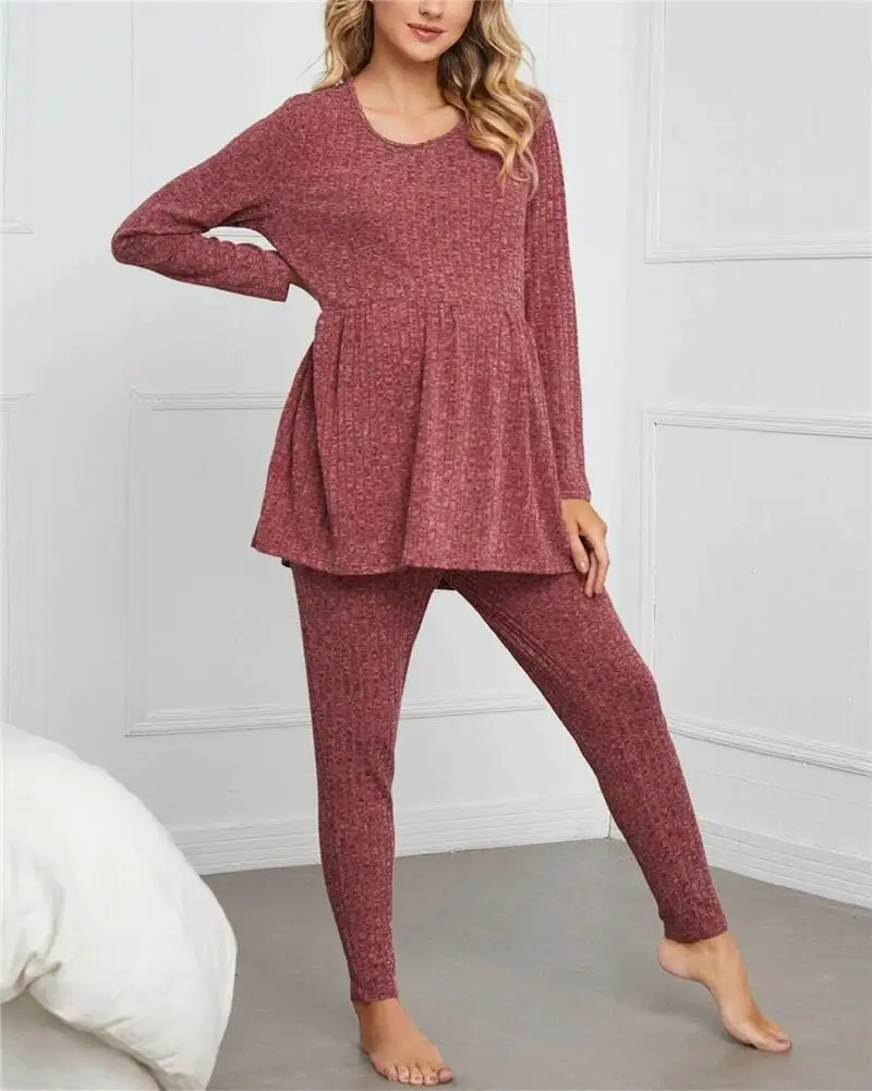 
M046 Long Sleeve Ruffle Hem Top and Sweatpants Loungewear Pajama Maternity Pant Set 