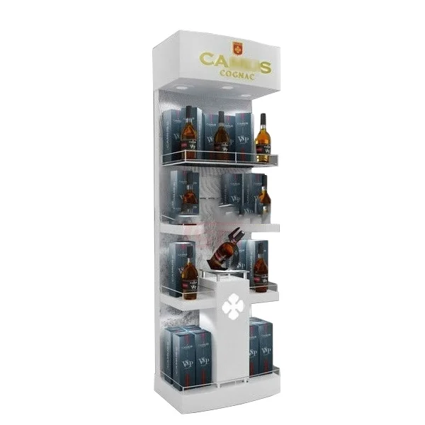 Custom store floor standing wood Whisky alcohol bottle display shelf stand cabinet