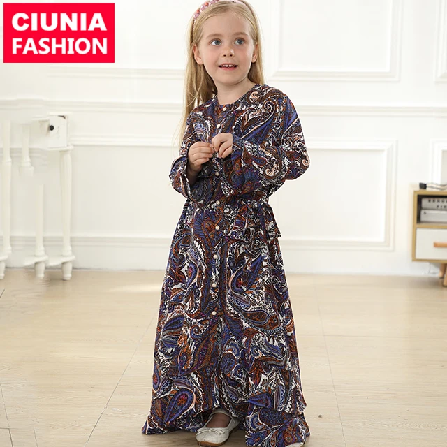 63800# Flower printed long sleeve muslim girls causal dresses islamic kids clothing abaya