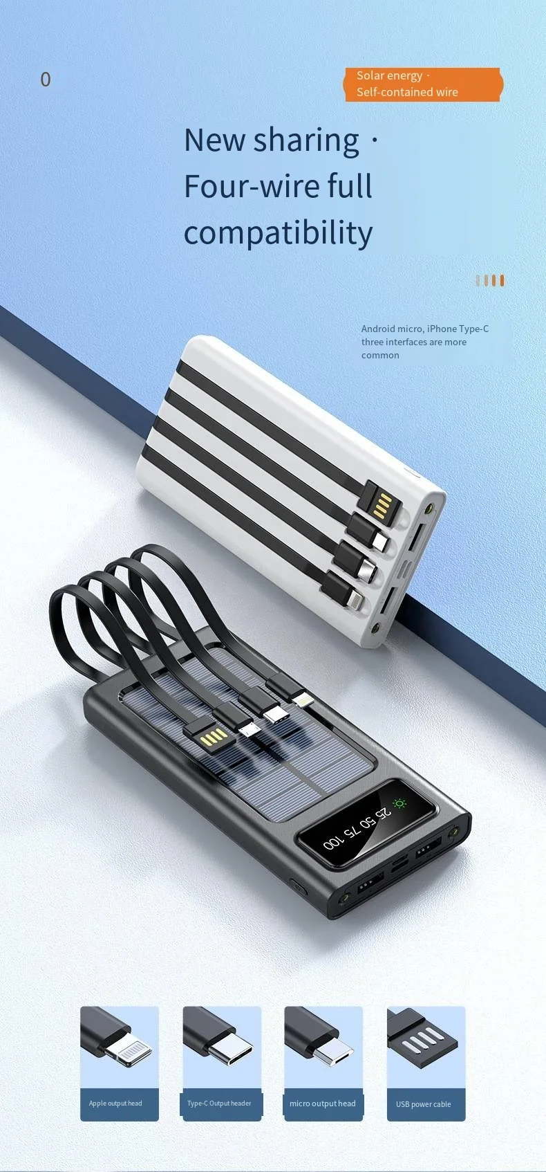 Portable Charger Solar Power Bank 30000mah Built-in 4 cables Dual USB  with LED Flashlight for Outdoor Travel