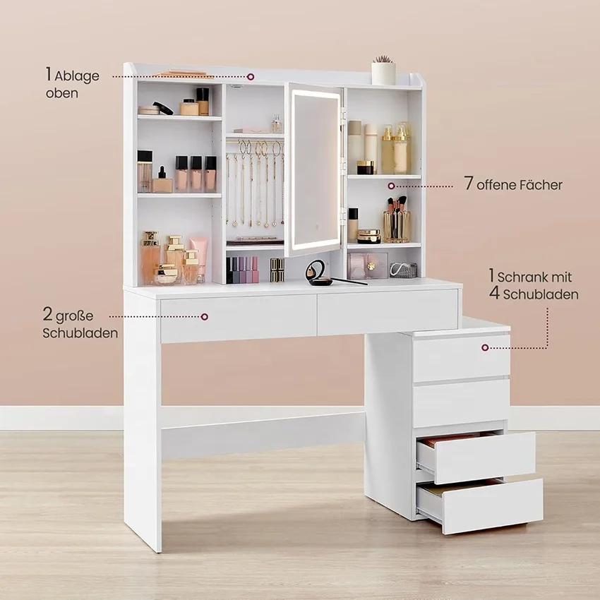 Makeup Vanity Table Lighted Mirror Dressing Table Led Adjustable Shelve makeup desk With Drawers Dressing Table with Mirror