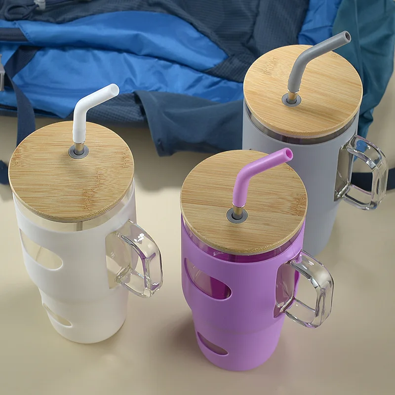 Wholesale 32oz Glass Tumbler with Bamboo Lid Silicone Cover Straw Custom BPA-Free for Coffee Beer Wood Material Mugs Accessories