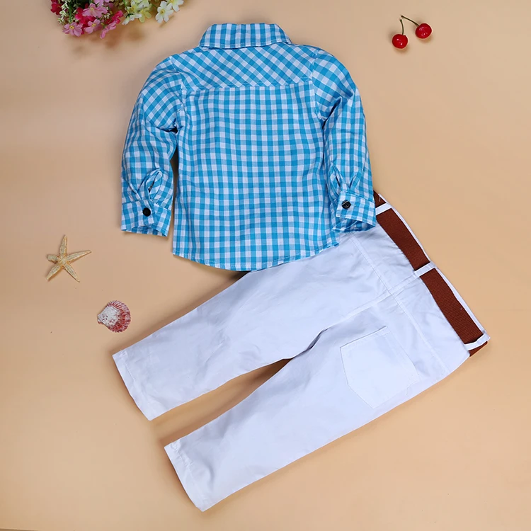 wholesale children clothes blue plaid boys shirt white pants two pieces boys wear kids clothing sets