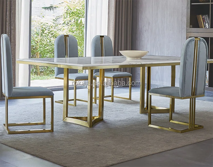 Modern Dining Table Set Marble Top Stainless Steel Luxury Rectangular Dining Table Set 4 6 8 Seater Dining Room Furniture