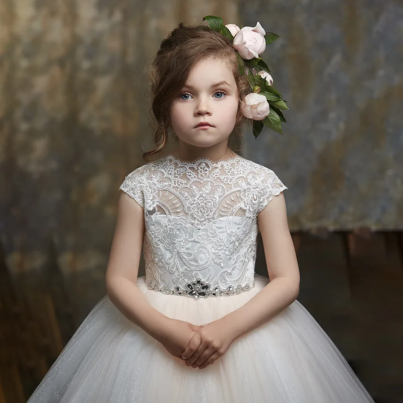 Wholesale Short Sleeve White Lace Ball Gown Beading Party Baby Girl Glitter Princess Flower Girl Dresses