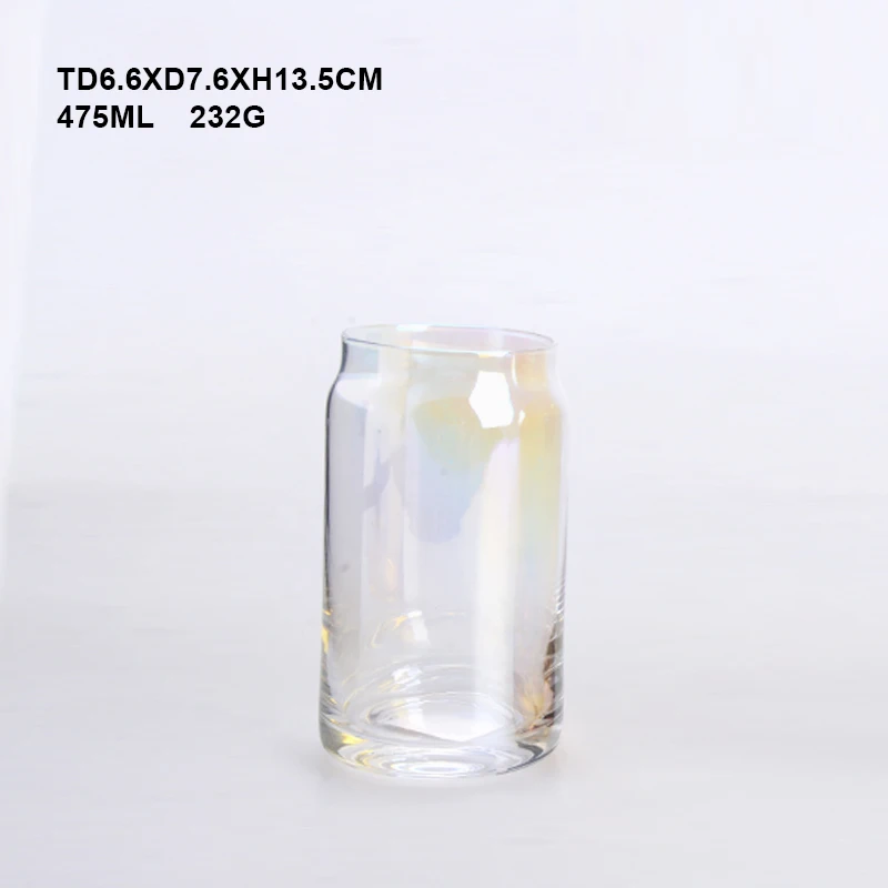 Amazon Trending Product Wholesale Lead Free Colorful 11oz 16oz Iridescent Beer Can Shaped Glass With Bamboo Lid And Straw