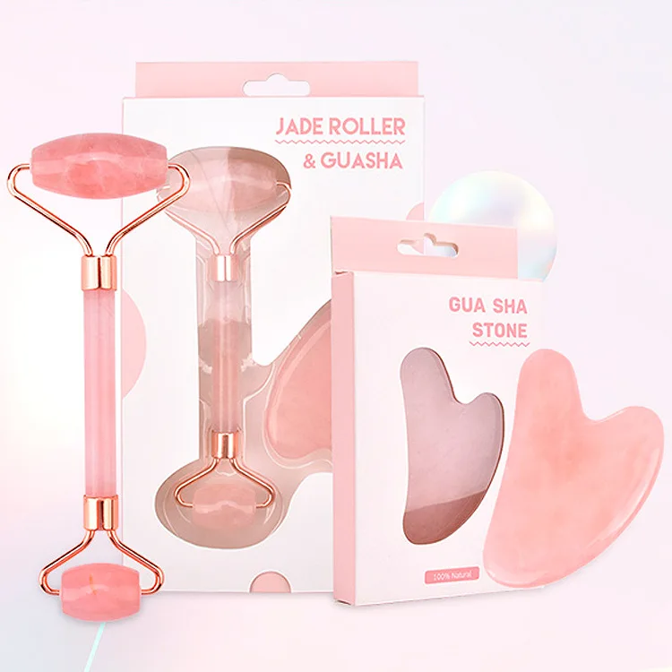 Wholesale Pink Rose Quartz Face Massage Roller with Gift Box, Pink Rose CrystalFace Roller and Gua Sha Set for Skincare