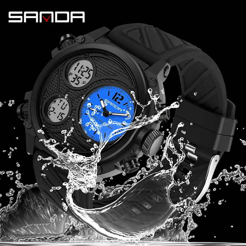 Newly sold sanda checkered black large dial 12/24 hour set time alarm clock classic digital watch men creativity