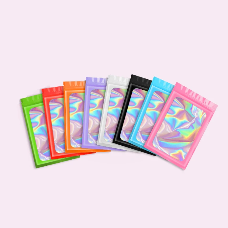 Holographic Iridescent Packing Mylar Bag with Clear Window Ziplock Laser Pouch Food Storage Sealable Flat Plastic Bag