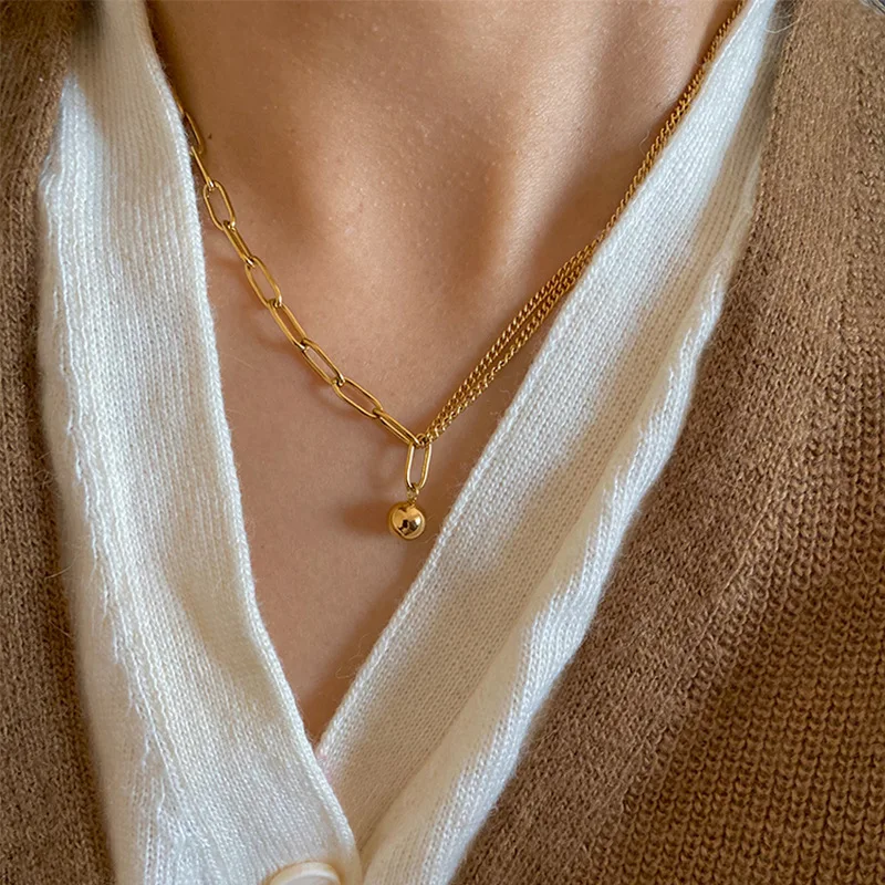 18k Gold Plated Stainless Steel Necklace Double Layer Chain Stitching Clavicle Chain Ball Pendant Necklace Jewelry