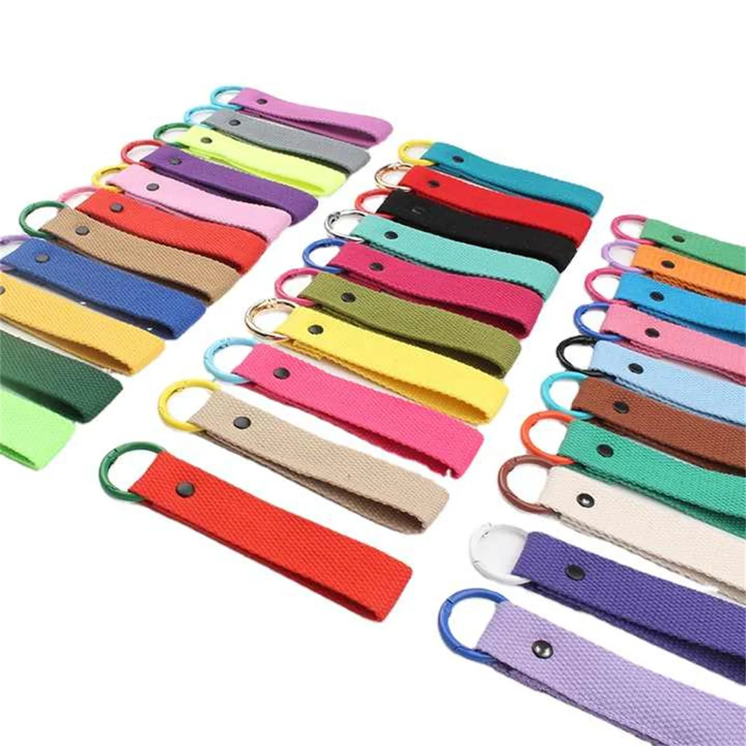 Korea Customized Cloth Keychain Canvas Kids Name Tag Keyring Leather Key Chain with Webbing