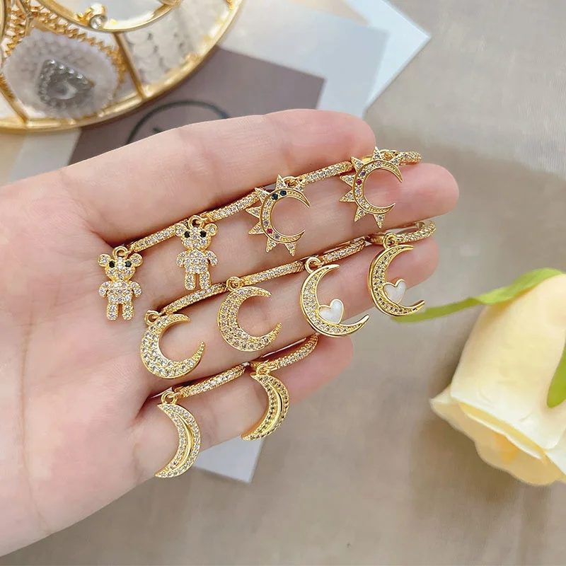 Gold plated joyeria women earrings cz zirconia bear and moon earrings