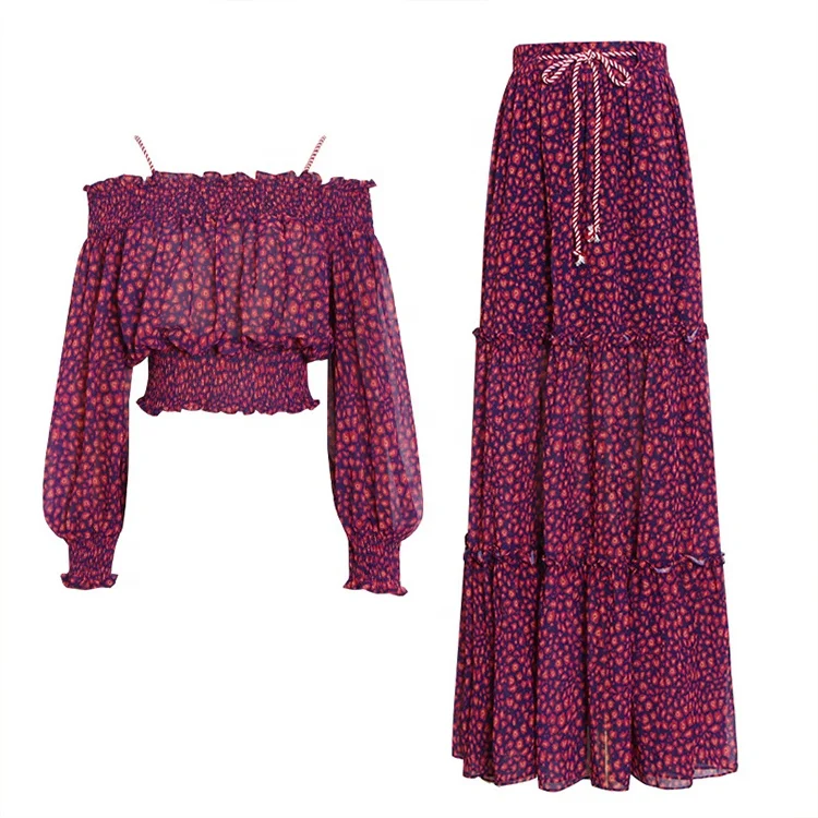 2022 Summer Korean Polka Dot Skirt Suit One-Shoulder Lantern Sleeve Chiffon Shirt and High Waist Long Swing Dress