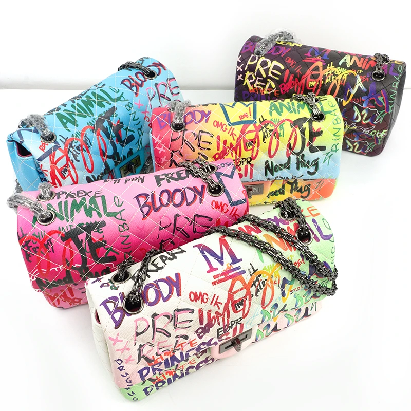 Graffiti Bag 2024 Fashion PU Leather Shopping Crossbody Purse And Handbags Summer Designer Women Candy Shoulder Graffiti Purses