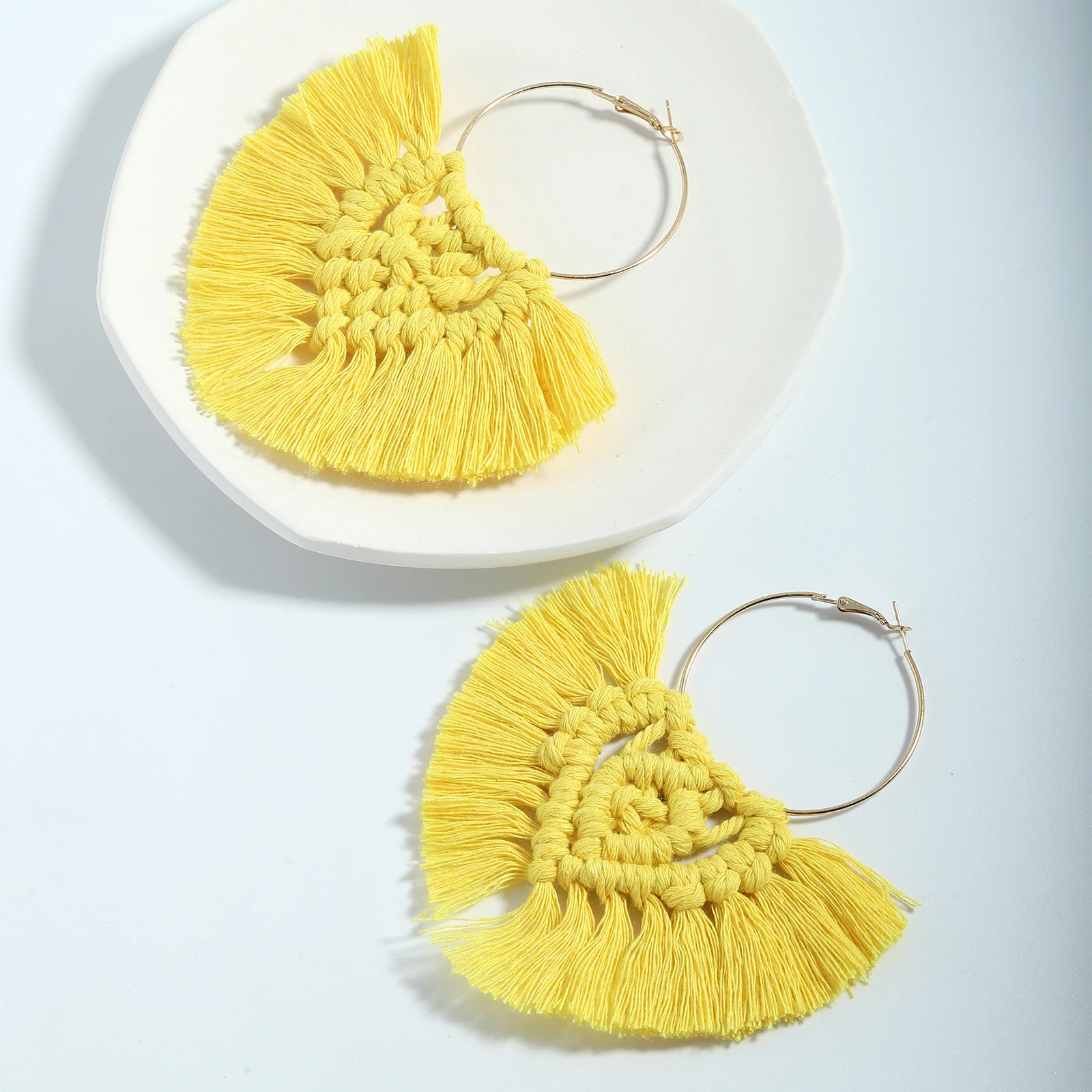 
Barlayc 2021 Fashion Earrings Trend 2021 Statement Design Macrame Wood Weave Dangle Earrings Good Hoop Color Drop Tassel Earring 