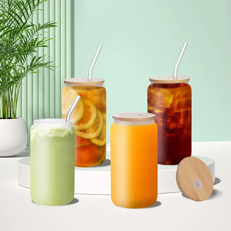 12oz 16oz clear frosted borosilicate glass beer can cup with bamboo lid and straw