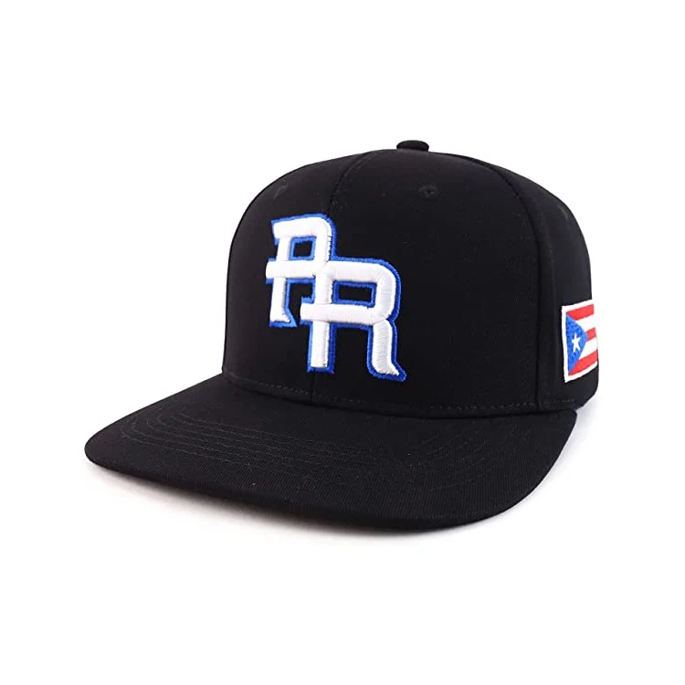 PR 3D Embroidered Flatbill Snapback Cap With Puerto Rico Flag Black Snap Back Hat