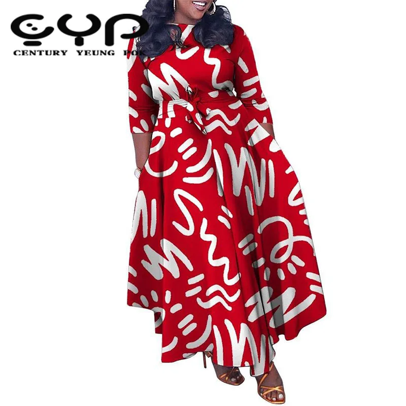 Elegant Fall Maxi Dresses Belted Pattern Graffiti Printed Regular Dress Tiered Waist short Sleeve O Neck Patchwork Vestidos