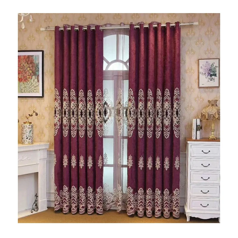 
New wholesale customized grommet luxury embroidery windows curtain chenille eyelets curtains for living room 