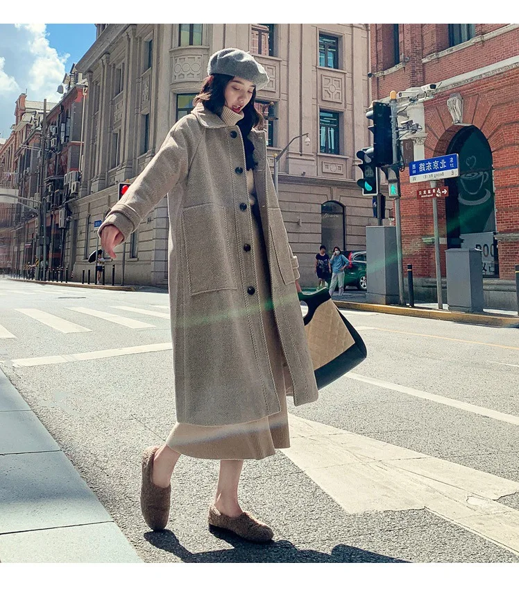 high quality hot selling winter warm formal streetwear ladies office long sleeve knee length woolen coat women