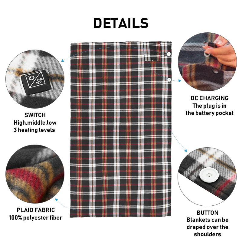 Factory Electric Thermal Blankets Winter Plaid Energy Saving Warm Heater Blankets 7.4V Shawl Heating Electric Cooling Blanket