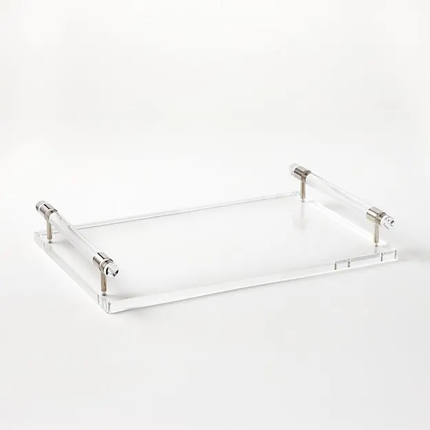 Custom Clear Acrylic Lucite Serving Trays with Metal Gold or Cutting Handles, Bottom Insert and UV Printing Decorative Trays