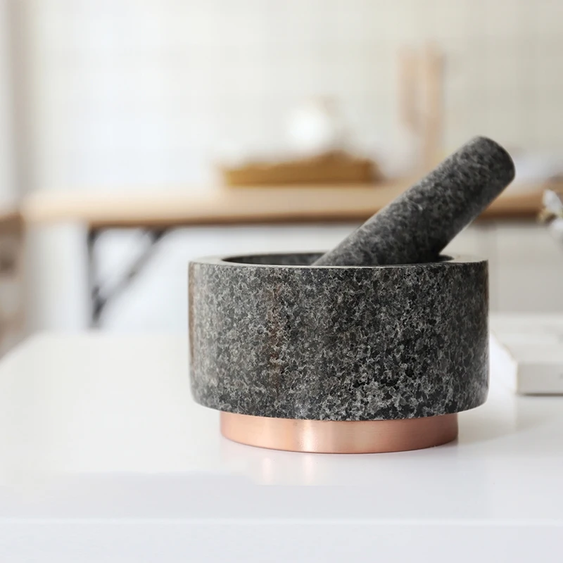 Natural marble brass gold base mortar and pestle food seasoning grinder garlic masher