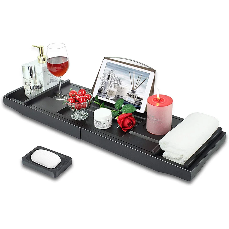 Christmas Gift Bamboo Bathtub Tray - Expandable Bathroom Tray with Reading Rack or Tablet Holder