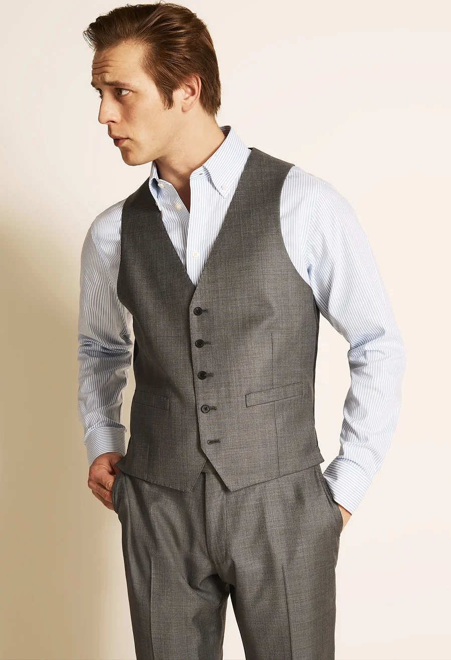 Grey polyester wool fabric made jacket shirt vest pant 4 pieces custom italian mens formal business wool suits