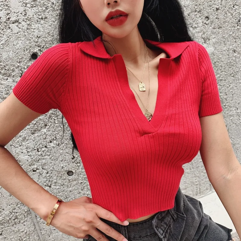 collared cropped tee skinny ribbed v neck button women crop top shirt blouse with collar For girls