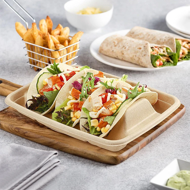Fluoride-free Disposable Taco Holder Tray  Biodegradable Sugarcane Taco Tray Takeaway Togo Box Plates Taco Food Tray Container