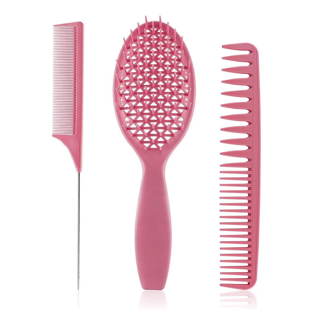 Newest Salon  Hairstyling Vent Hair Comb Plastic Rectangle Hair Brush Kit 3 Piece Round Shape Hollow Grid Design Hair Brush Comb
