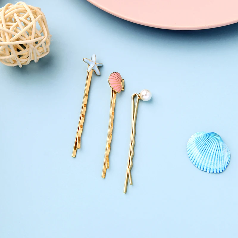 t04340 3 Pcs/Set Vacation Jewelry Gold Plated Pearl Shell Starfish Pink Blue Enamel Girls Korean Hair Pins Accessories
