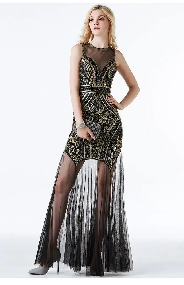 
Retro Dress Bridesmaid Beaded Mesh Sequin Evening Dress Wedding Long Dresses 