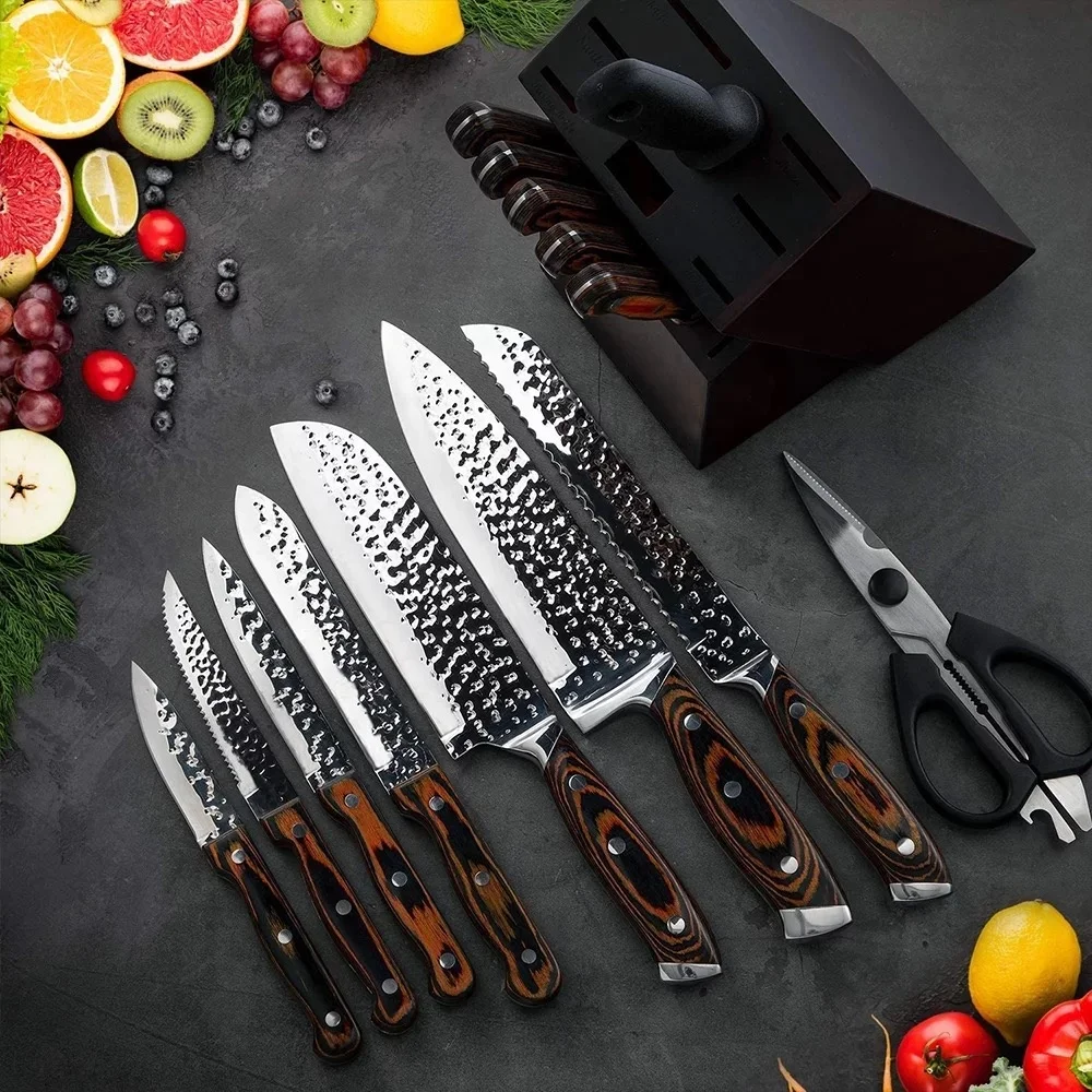 Лидер продаж Amazon профессиональный набор поварских ножей 15 шт. наборы кухонных из нержавеющей стали с деревянным