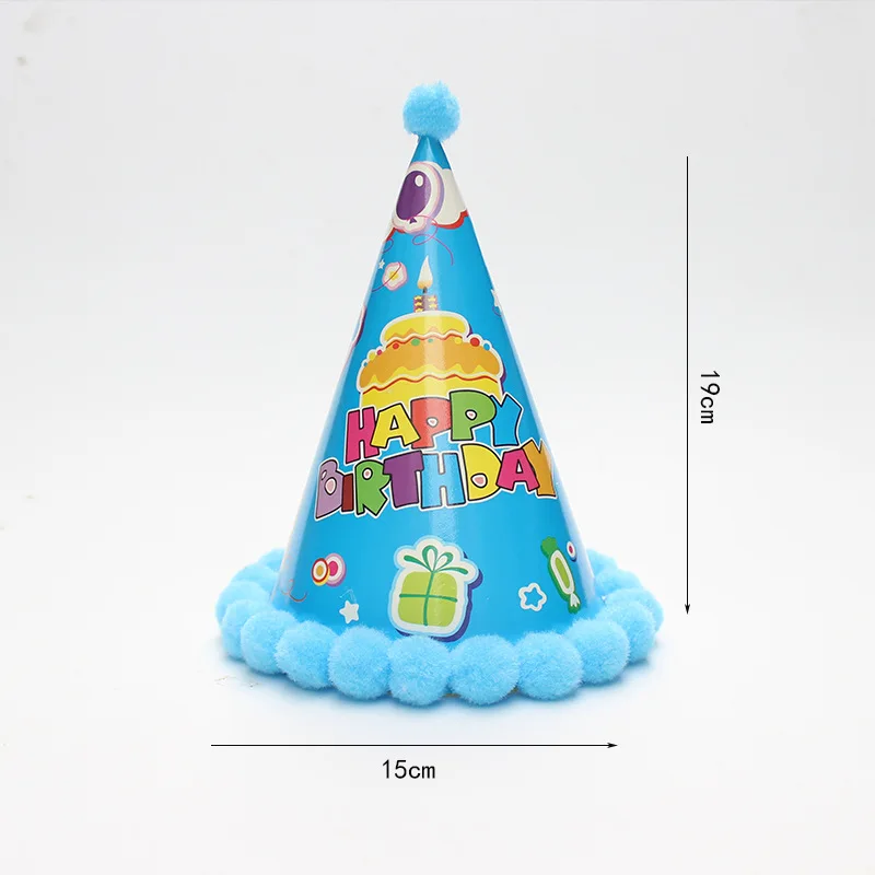 Factory Wholesale Printed Cheap Party Decoration Plain Paper Cone Hats With Pompom Happy Birthday Cap Set for Kids