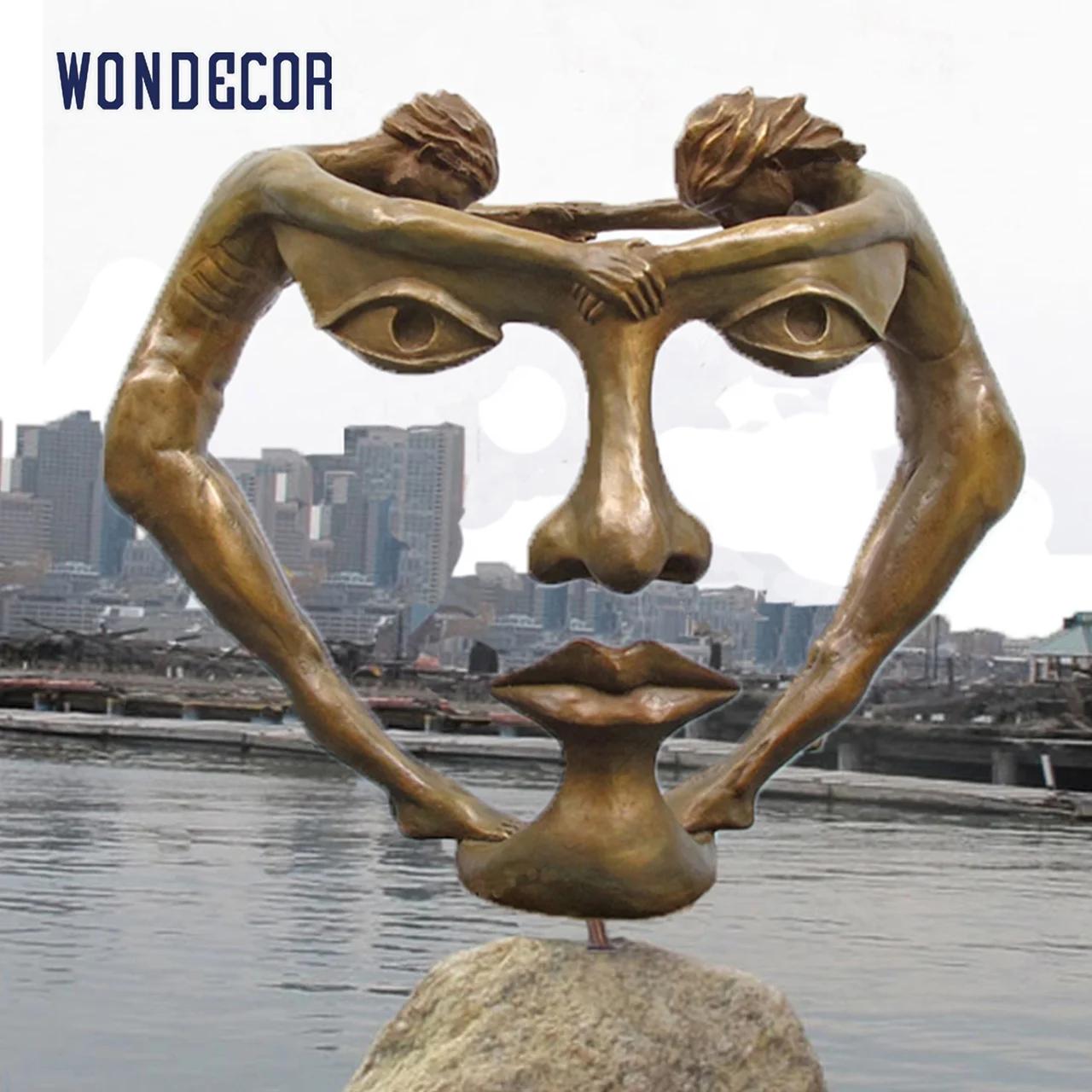 Wondecor Outside Modern Garden Outdoor Large Abstract Art Casting Human Half Female Face Statue Bronze Face Sculpture