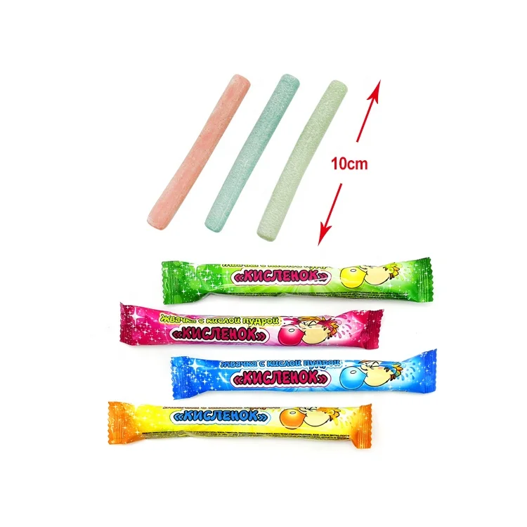 Chalk shaped stick bubble gum with sour powder filling
