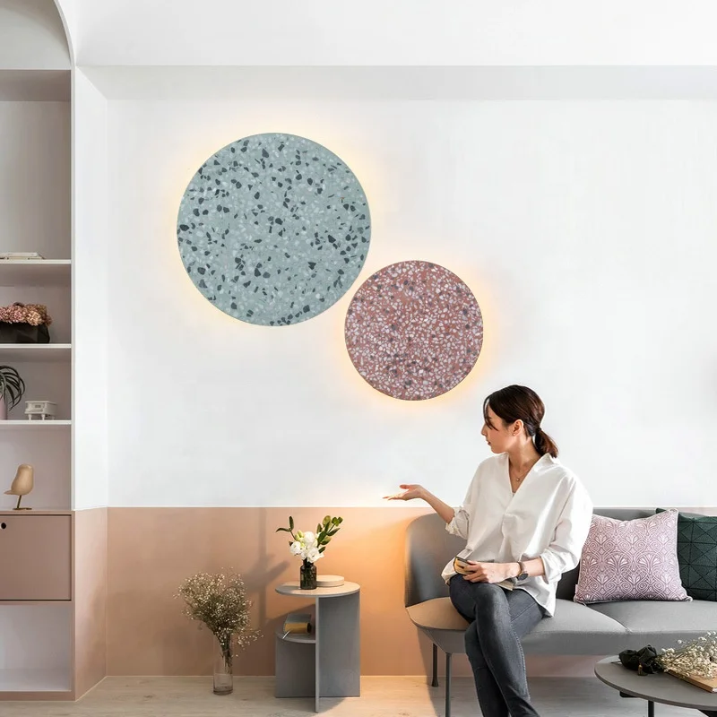 Interior Modern Disc Shaped Terrazzo Nordic Style Indoor Wall Mount Light Living Room Bedroom Ceramic LED Sconce Decoration Lamp