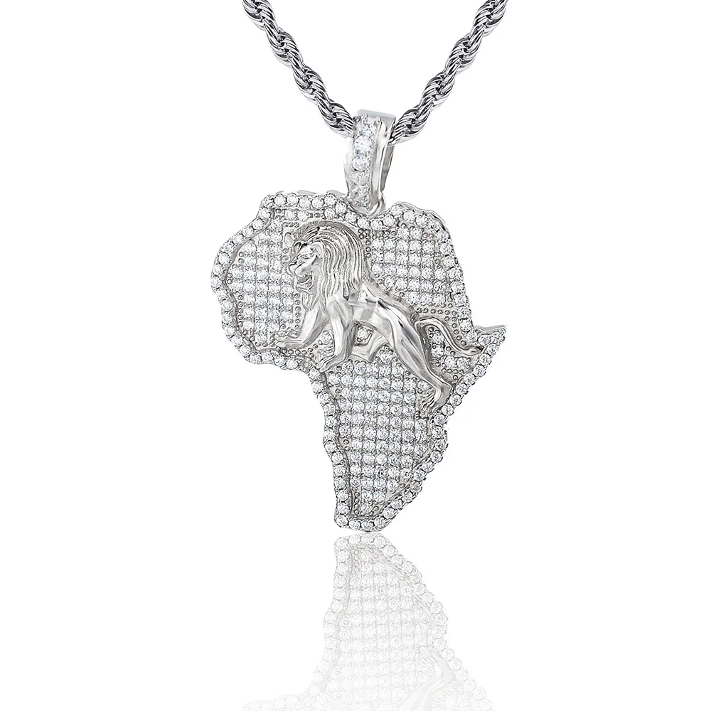 Hip Hop Jewelry Iced Out 925 Silver 14K 18K Gold Plating Africa Map Engrave Lion Pendant Necklace For Men