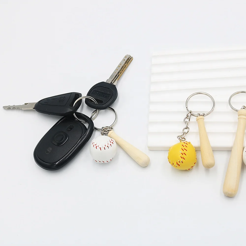 Leather Baseball Keychain with Wooden Bat Mini Baseball Keyring Sports Keychain for Team Baseball Bat